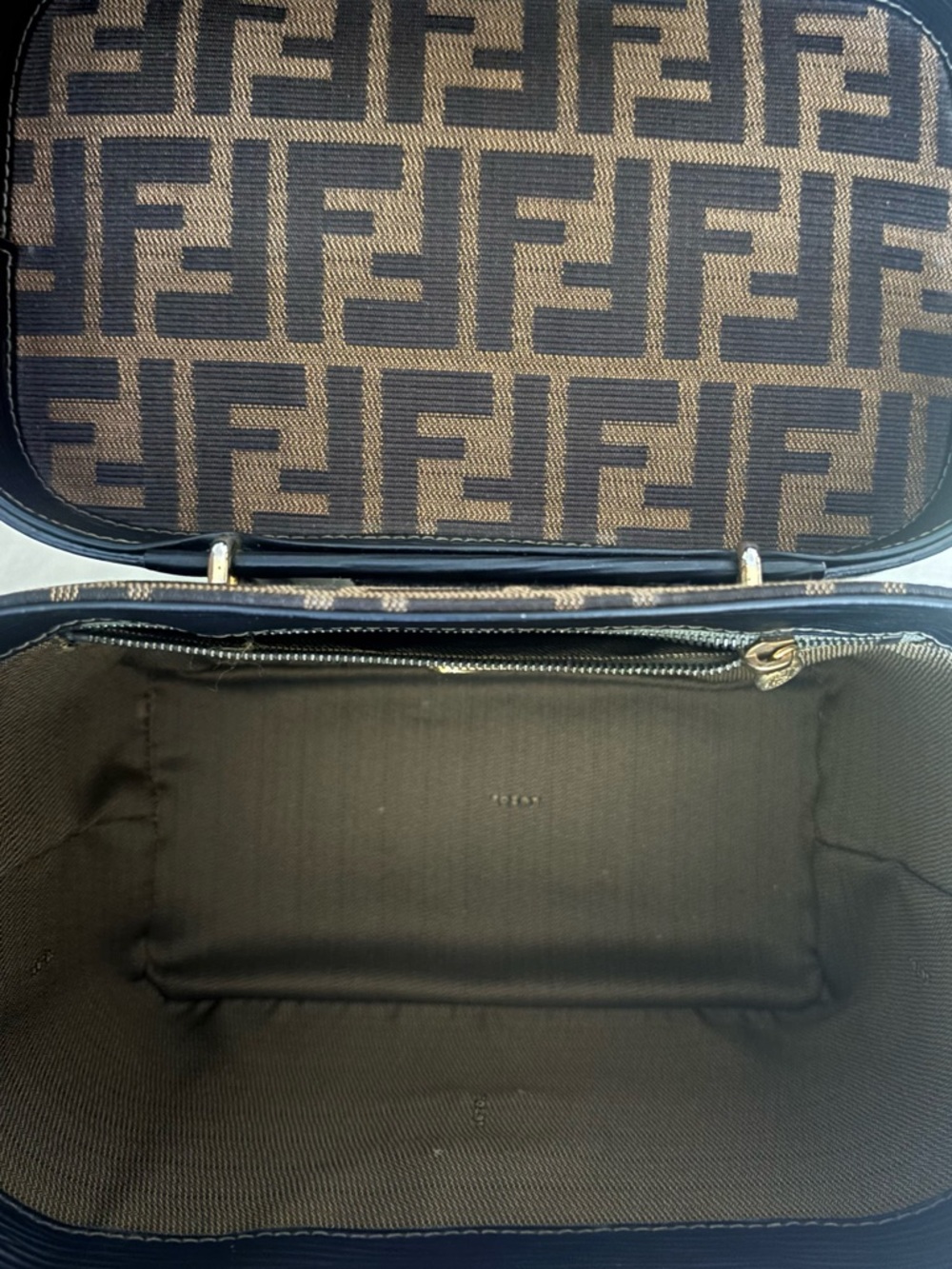 Fendi Zucca Canvas/Leather 2 way Vanity Bag Brown/Black Top Handle COA Dust Bag - Picture 11 of 15